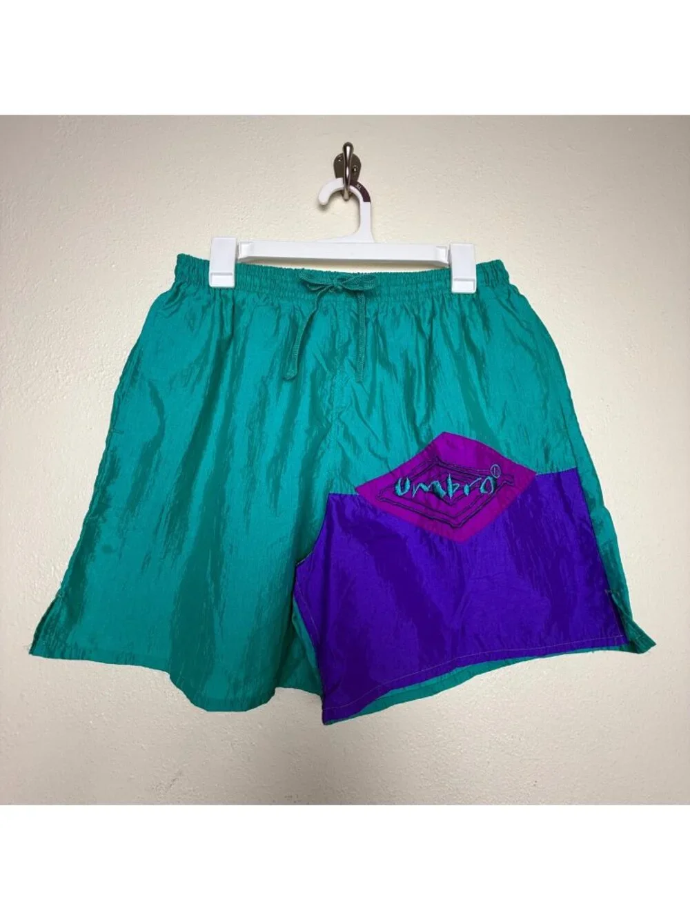 Vintage 90s Umbro Colorblock Nylon Soccer Shorts Purple Teal Split USA Sz L